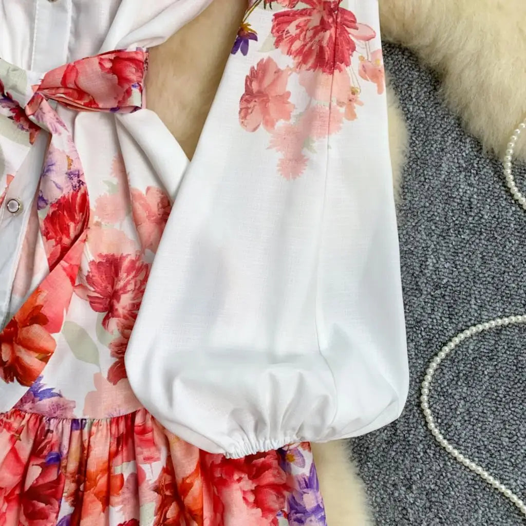 Elegant Casual Women Pleated Print Mini Dress Vintage Lace-up Lantern Sleeve Ruffles Short Dresses Female Party Clothes Robe