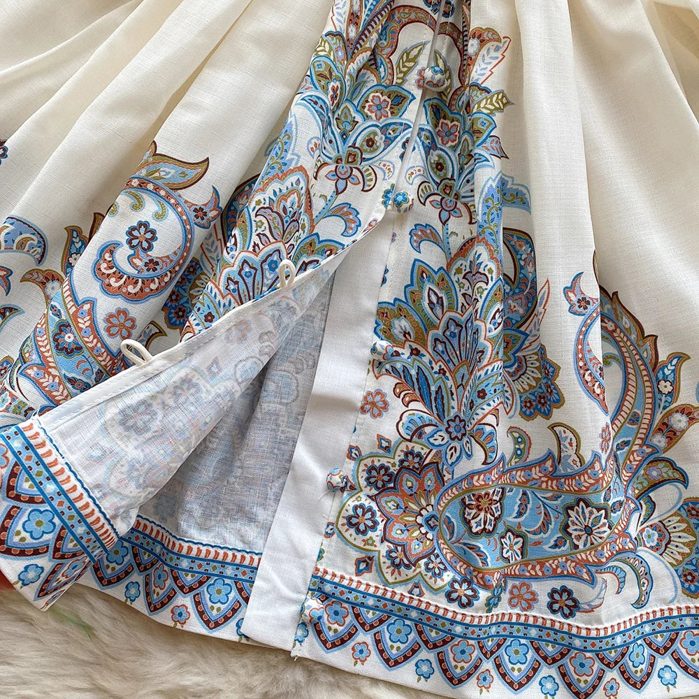 Bohemian Dresses For Women 2024 V Neck 3/4 Sleeve Spring Summer Vacation Mini Dress With Belt Boho Vintage Paisley Print Dress
