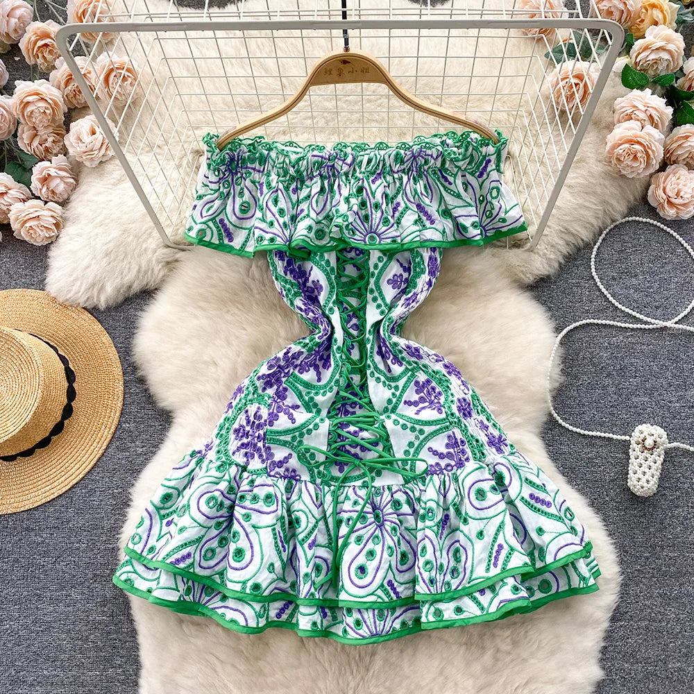 Vacation Beach Dress Women Summer Ruffle Hem Vintage Cutwork Embroidery Dress Front Lace Up Sexy Off Shoulder Mini Party Dress