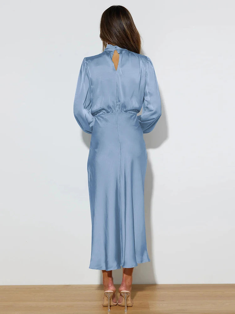 Spring Summer New High-End Satin Long Sleeved Dress Women's Ladylike Elegant Evening Dress Party Clothes Celebrity Dresses