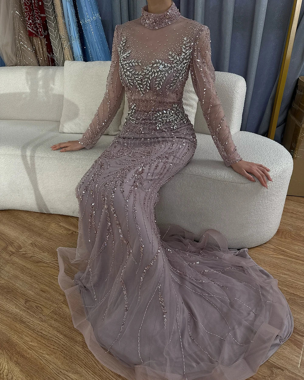Serene Hill 2024 Saudi Arabic Elegant Pink Mermaid Beaded Long Evening Gown for Formal Occasion LA72754
