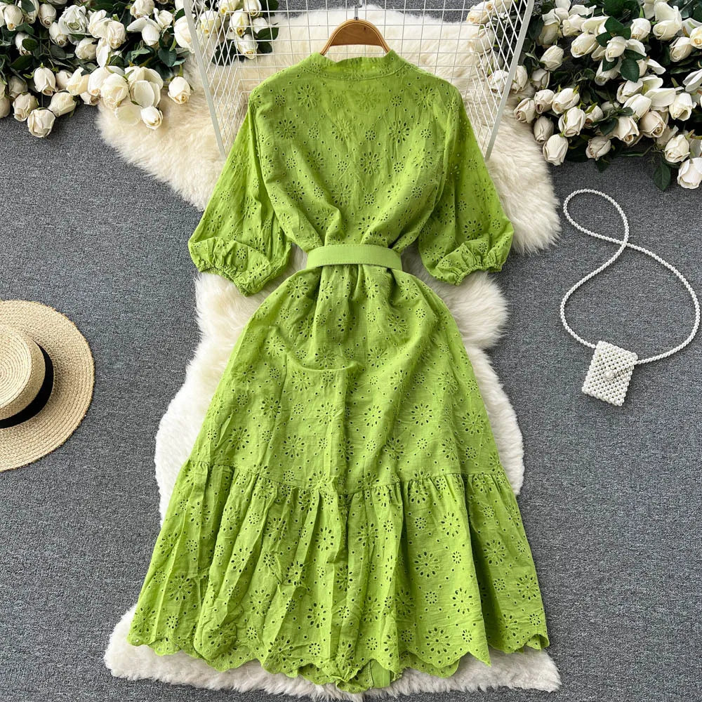 Summer V-neck Hollow Out Dress Women Bubble Sleeves Loose Embroidered Ruffle Edge Long Dresses Ladies Elegant Casual Long Robe