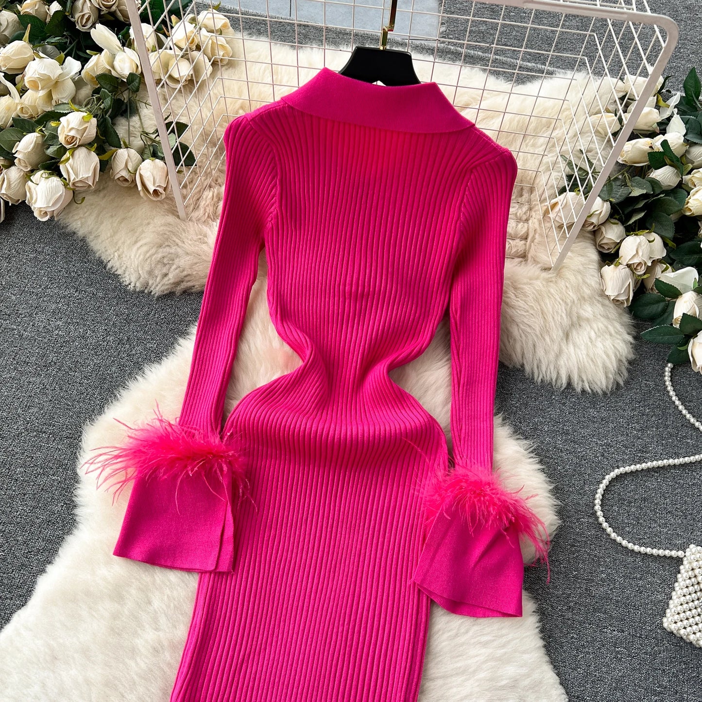 Elegant Turn-down Collar Feather Long Sleeve Knit Bodycon Pencil Dress Slim Fashion Sweater Vestido Sexy Women Winter Clothing