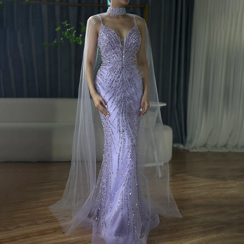 Serene Hill Spaghetti Strap Long Cloak Mermaid Caramel Beaded  Luxury Evening Dresses Gowns for Women's Party 2024 LA72768