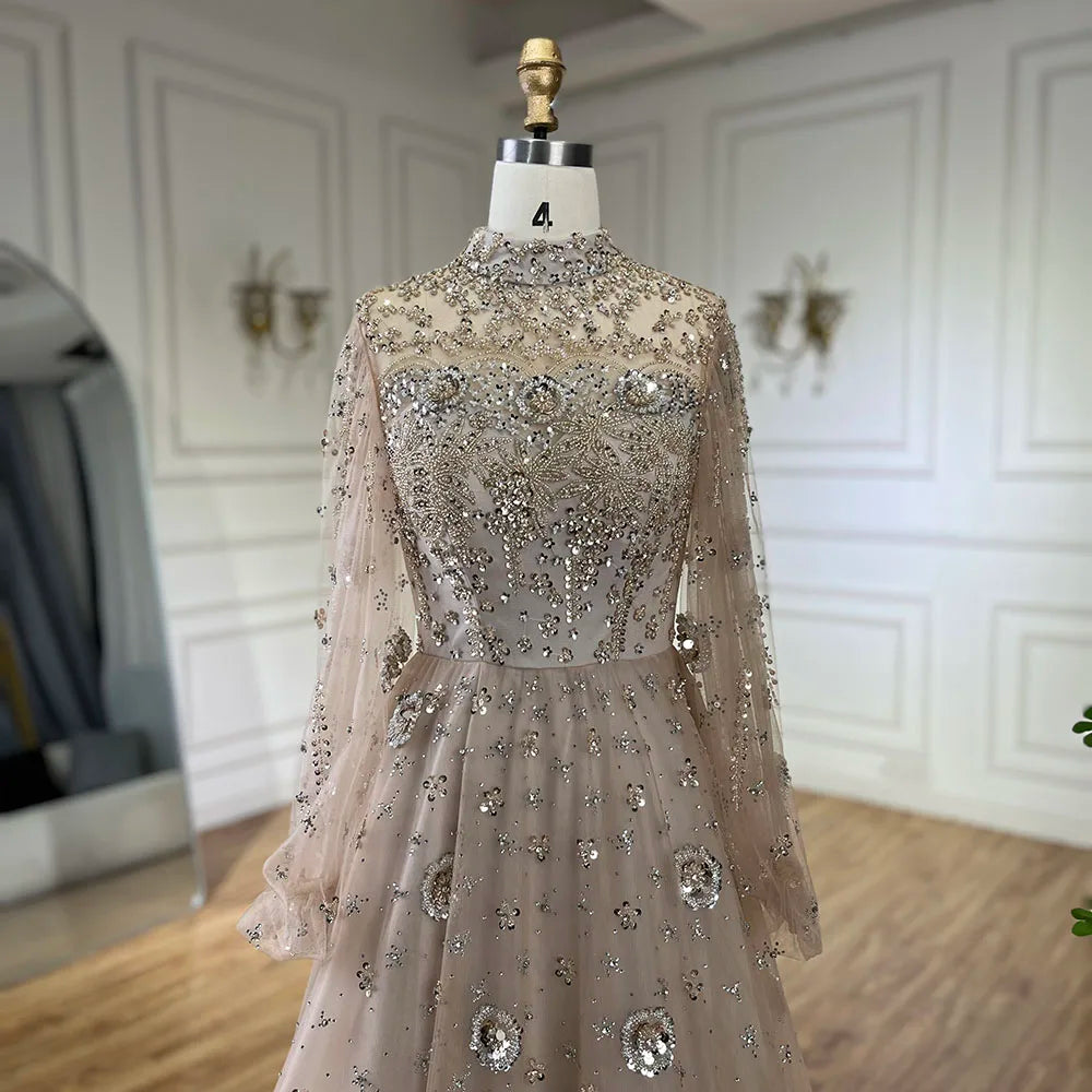 Serene Hill Muslim Nude A-Line Beaded Luxury Elegant Dubai Long Evening Gown for Women - Wedding Party 2024  LA72594