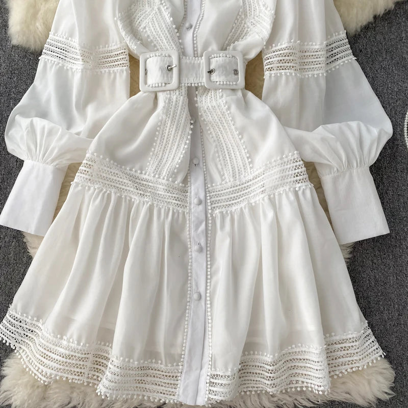 Wedding Guest Dresses For Women Lace Trim Luxury Party Dress Stand Collar Long Sleeve Button Up Holiday Mini Dress With Belt