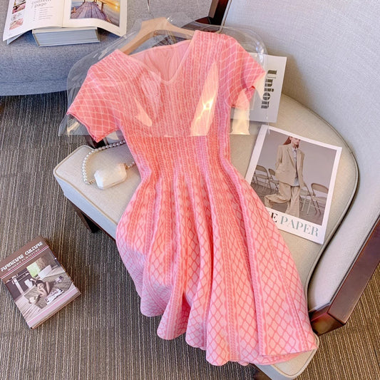 Women's Vintage Pink Knitted Mini Dress Small Fragrance V-Neck Short Sleeve Slim Fit Dresses Elegant Casual Spring Summer Female