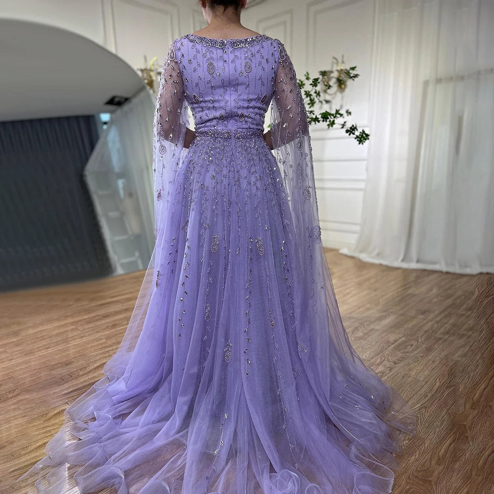 Serene Hill 2024 Muslim Pink A Line Beaded Elegant Cape Sleeve Luxury Evening Dresses Gowns For Women Wedding Party LA71803A
