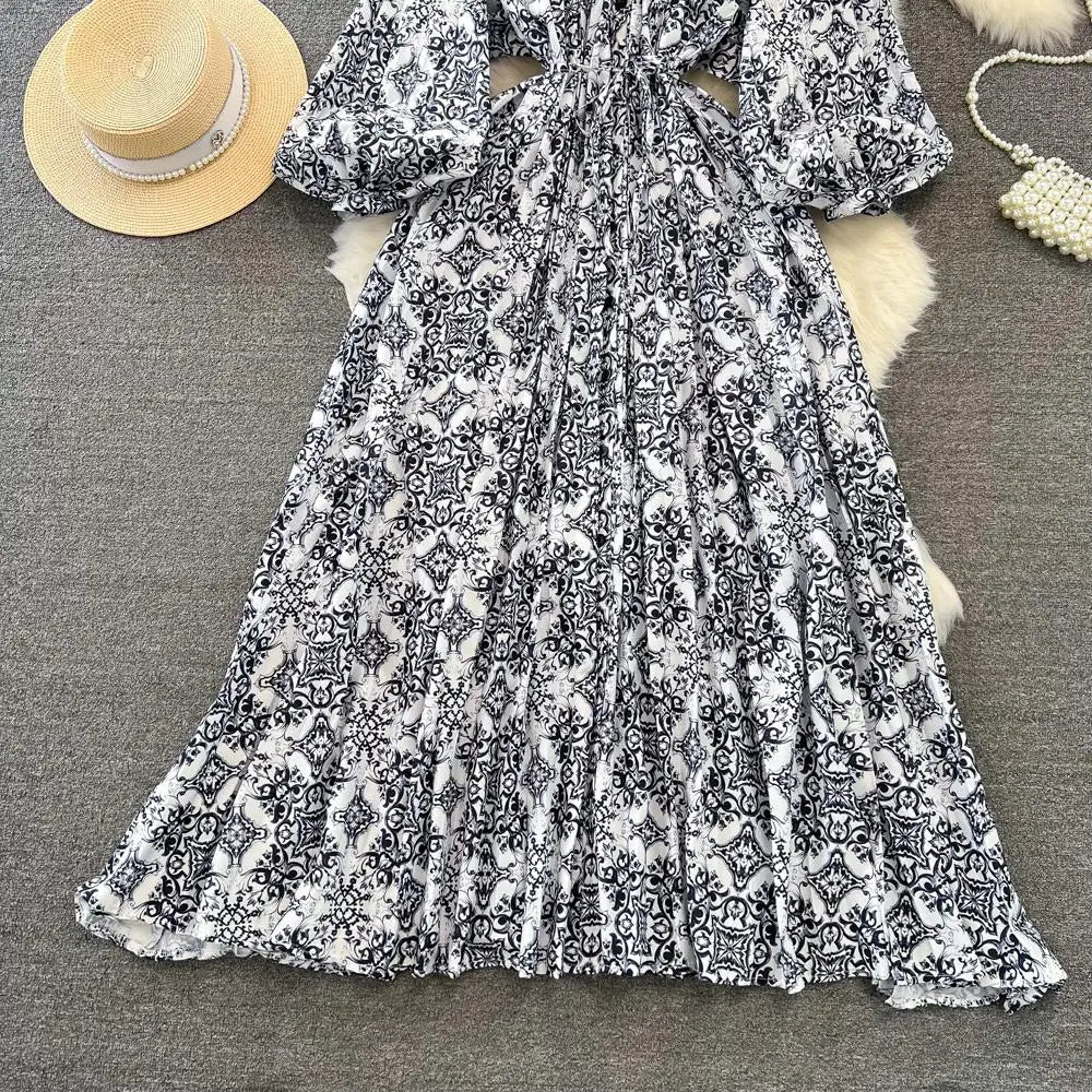 Elegant Women Casual Floral Print Party Dress Vintage Lantern Sleeve A-Line Pleated Prom Birthday Clothes Female Fashion Robe