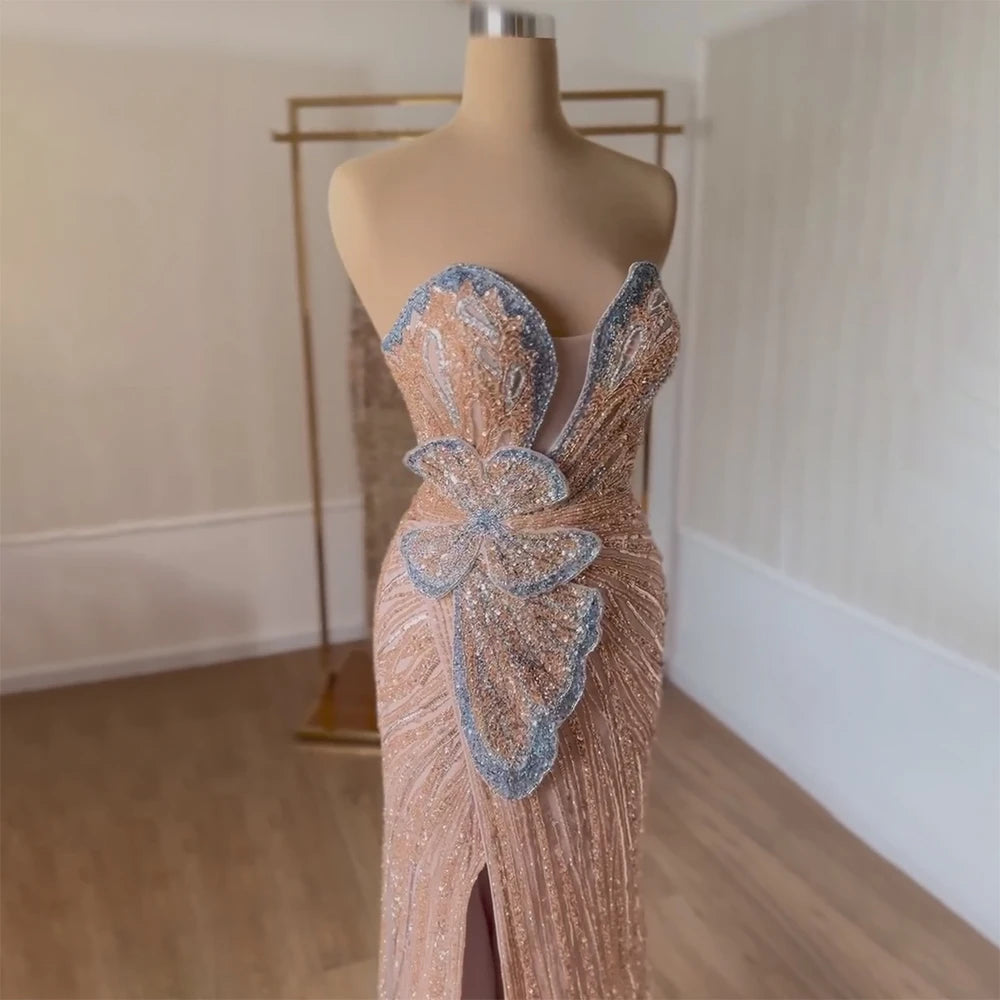 Serene Hill 2024 Saudi Arabic Pink Strapless Mermaid Evening Dress with High Split for Formal Occasion LA72480