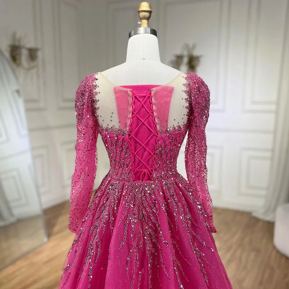 Serene Hill Muslim Pink A Line Beaded Luxury Dubai Long Evening Dresses Gowns 2024  For Woman Wedding Party LA71915