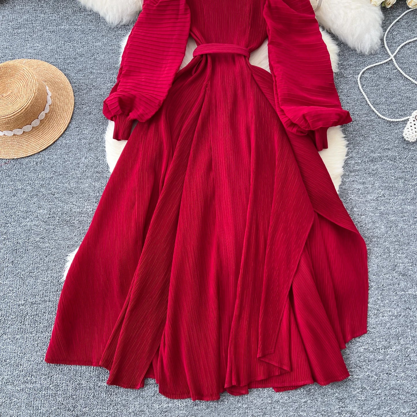 Vintage  Elegant Lantern Sleeve Sweet Pleated Dress Women Basics Fashion Summer Spring Dresse