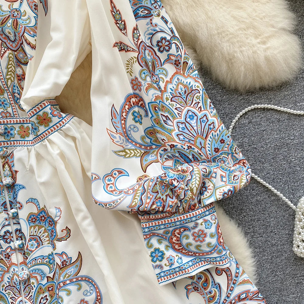 Elegant Dresses For Women 2024 V Neck Vintage Paisley Print Mini Holiday Dress Spring Ruffle Trim Long Sleeve Bohemian Dress