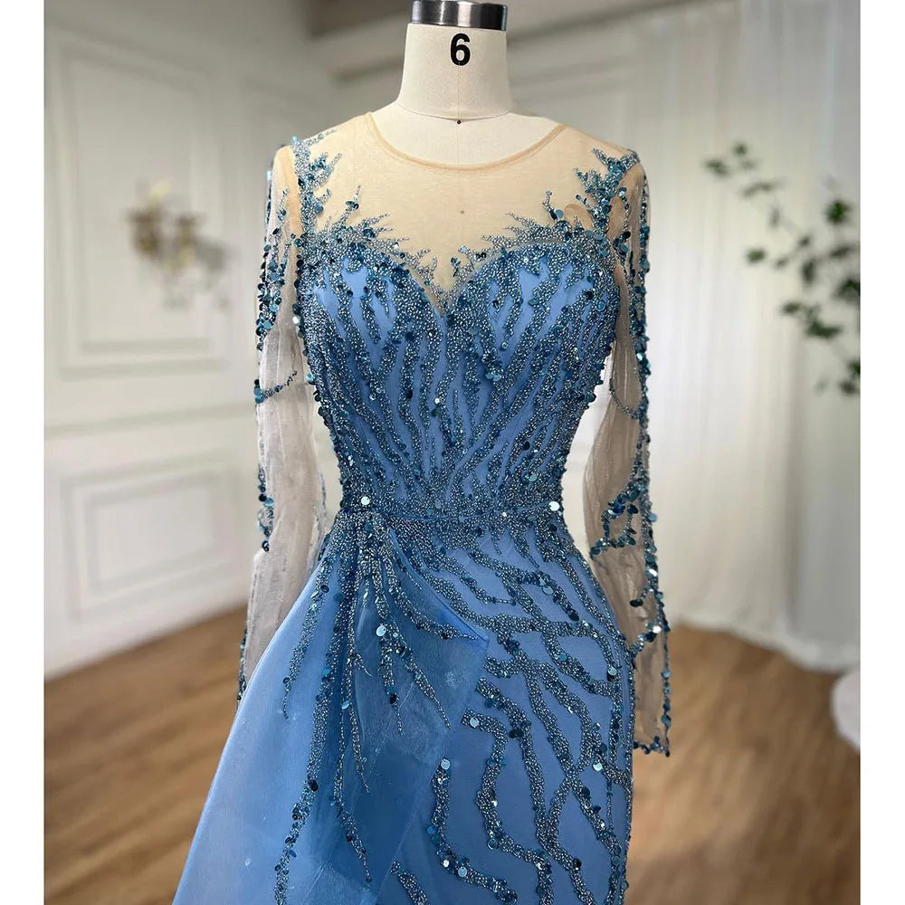 Serene Hill Blue Long Sleevele Elegant Mermaid High Split Evening Dresses 2024 Women Party Gowns with Side Skirt LA72044
