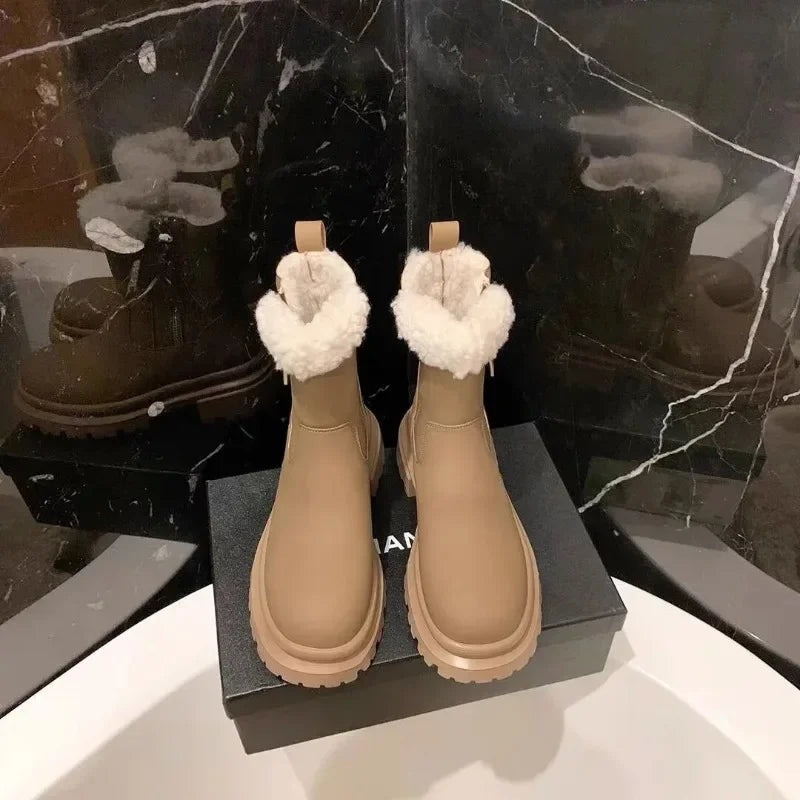 Women Thickened Plush Cotton Boots Womens Snow Shoes Autumn Winter Solid Color Shoes 2024 Side Zipper Low-heel Wool Short Boots
