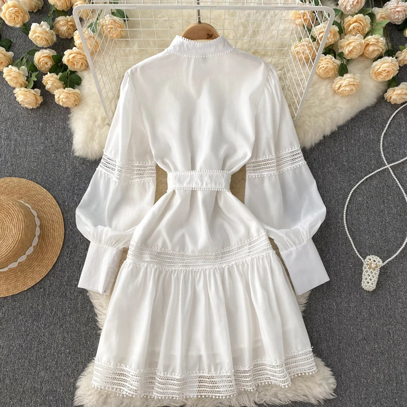 Wedding Guest Dresses For Women Lace Trim Luxury Party Dress Stand Collar Long Sleeve Button Up Holiday Mini Dress With Belt