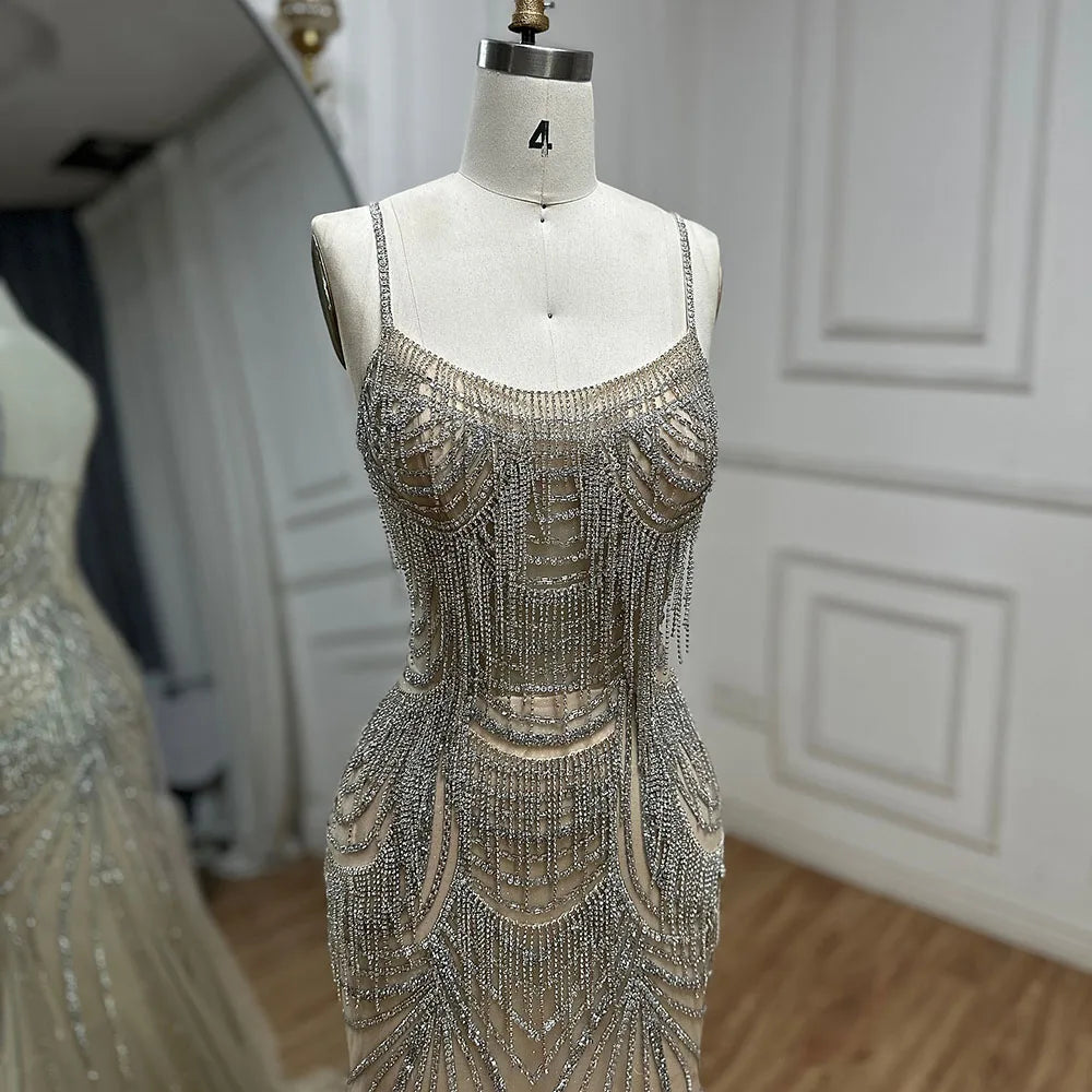 Serene Hill 2024 Silver Nude Spaghetti Strap Mermaid Evening Dress Gown with Luxury Beaded Tassels for Formal Occasion LA72772