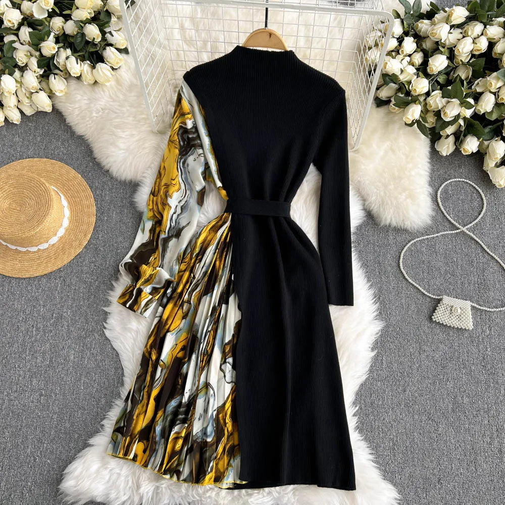 Elegant Chic Print Patchwork Knit Dress French Long Sleeve Party A-line Vestidos High Waist Basic Slim Women Autumn Winter Dress
