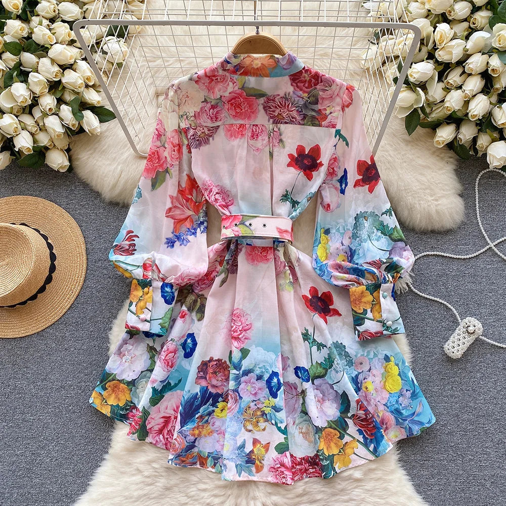 Mini Dresses For Women Frill Trim Long Sleeve Spring Vacation Dress Stand Collar Elegant Vintage Floral Print Dress With Belt
