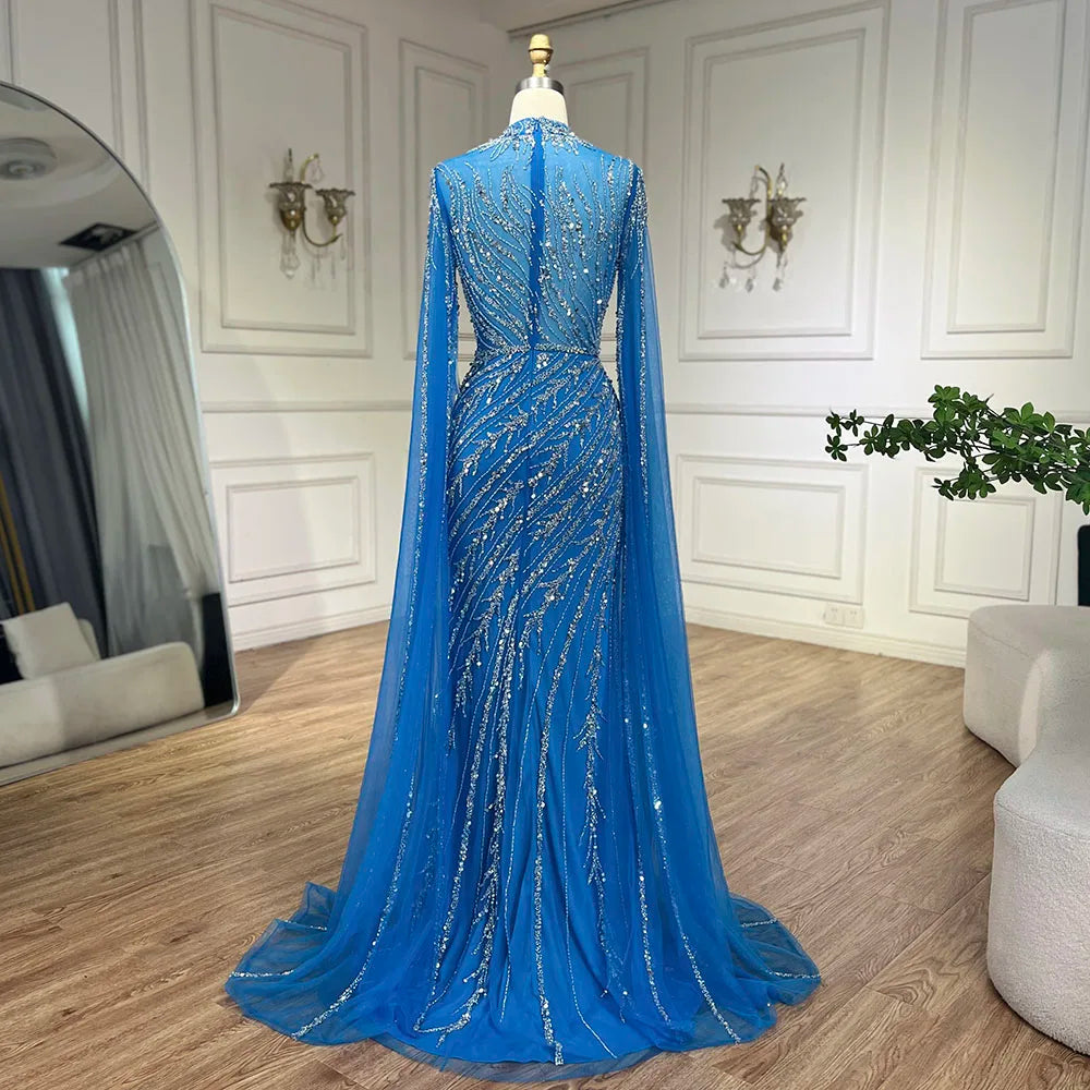 Serene Hill 2024 Nude Cape Sleeves Mermaid Lace Beaded Luxury Dubai Long Evening Dresses Gowns For Formal Occasion LA71885A