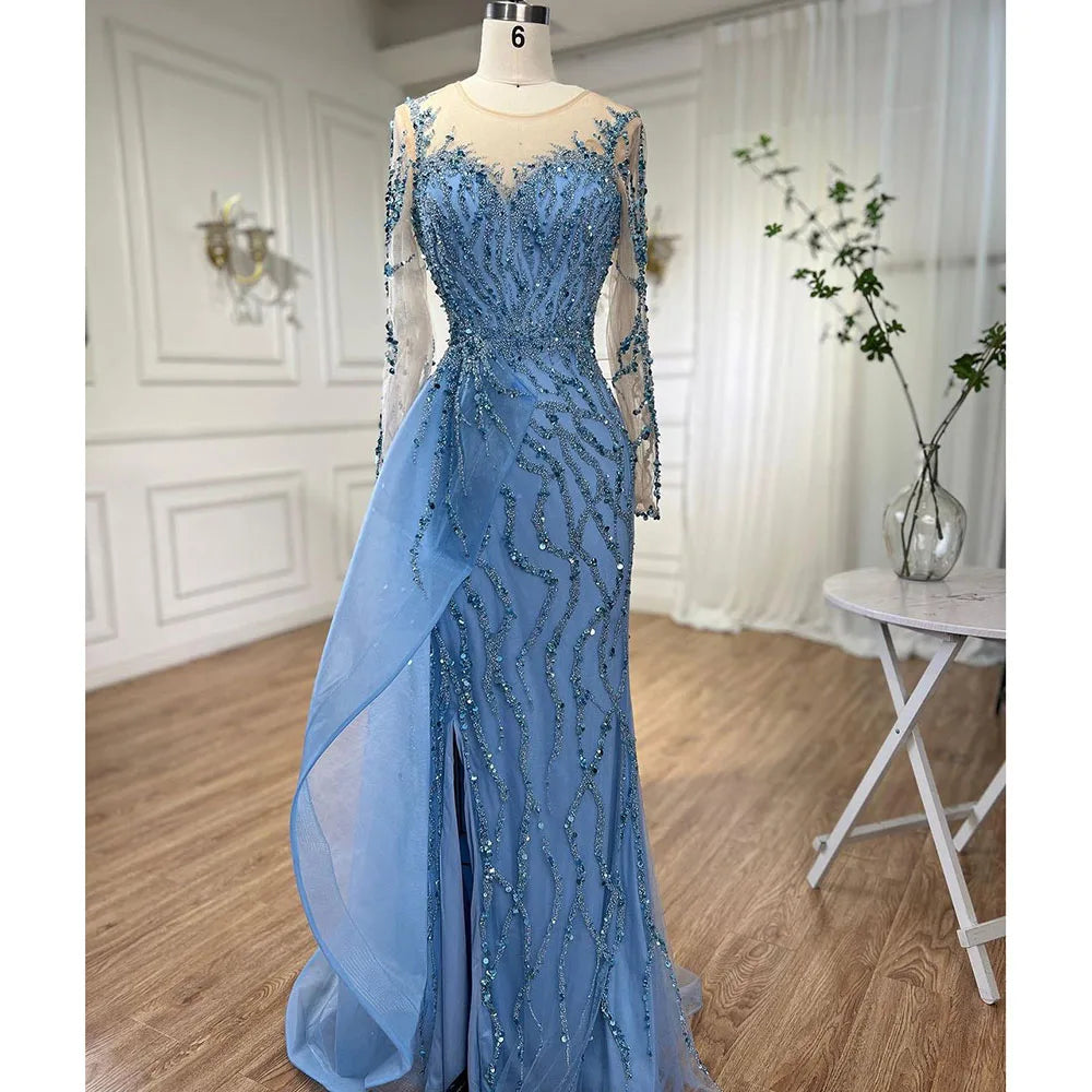 Serene Hill Blue Long Sleevele Elegant Mermaid High Split Evening Dresses 2024 Women Party Gowns with Side Skirt LA72044