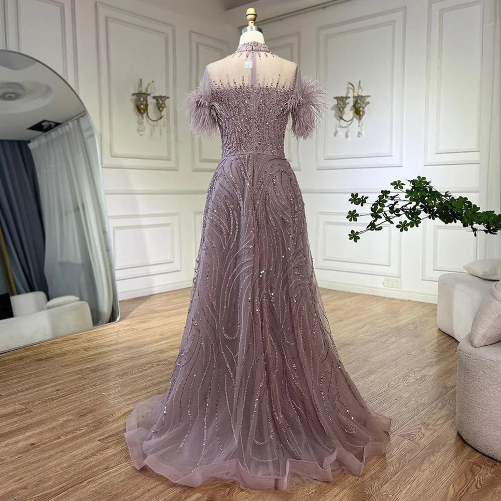 Serene Hill 2024 Arabic blue A Line Short Sleeveless Luxury Evening Dresses Beaded Feathers For Women Wedding Party LA72351