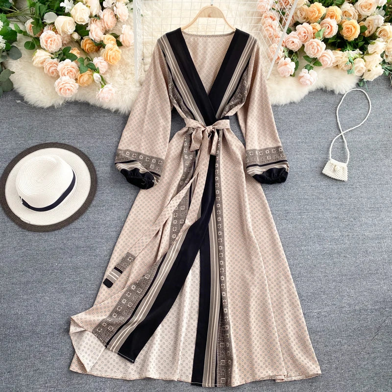 Vintage Print Elegant Puff Sleeve One Piece Dress A-line Lace-up Beach Vacation Midi Dress Women Fashion Spring Autumn Vestidos