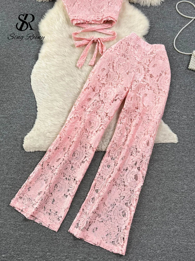 SINGREINY High Street Women Lace Slim Two Pieces Suits Summer Lace Up Short Top+Wide Legs Long Pants Set Retro Lace Floral Sets