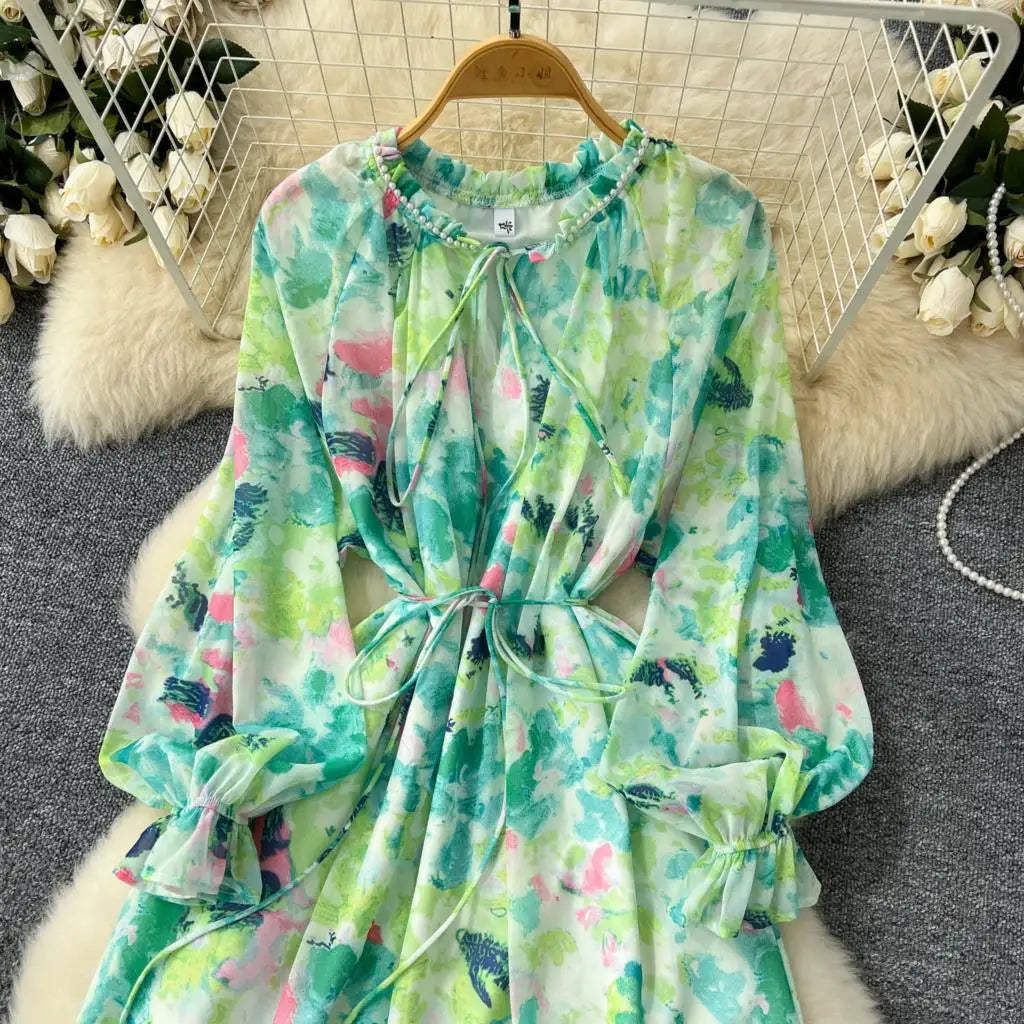 Elegant Floral Print Party Dress for Women French O-Neck Embroidered Flares Lace Up Lantern Long Sleeves Chiffon Long Dresses