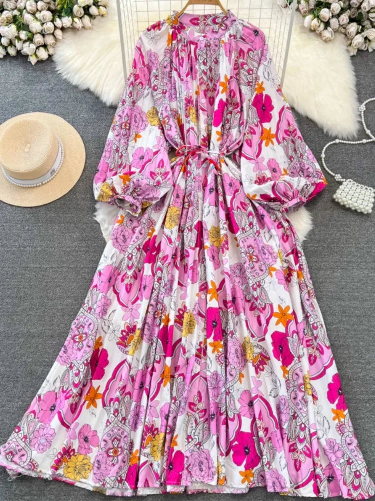 Elegant Women Casual Floral Print Party Dress Vintage Lantern Sleeve A-Line Pleated Prom Birthday Clothes Female Fashion Robe