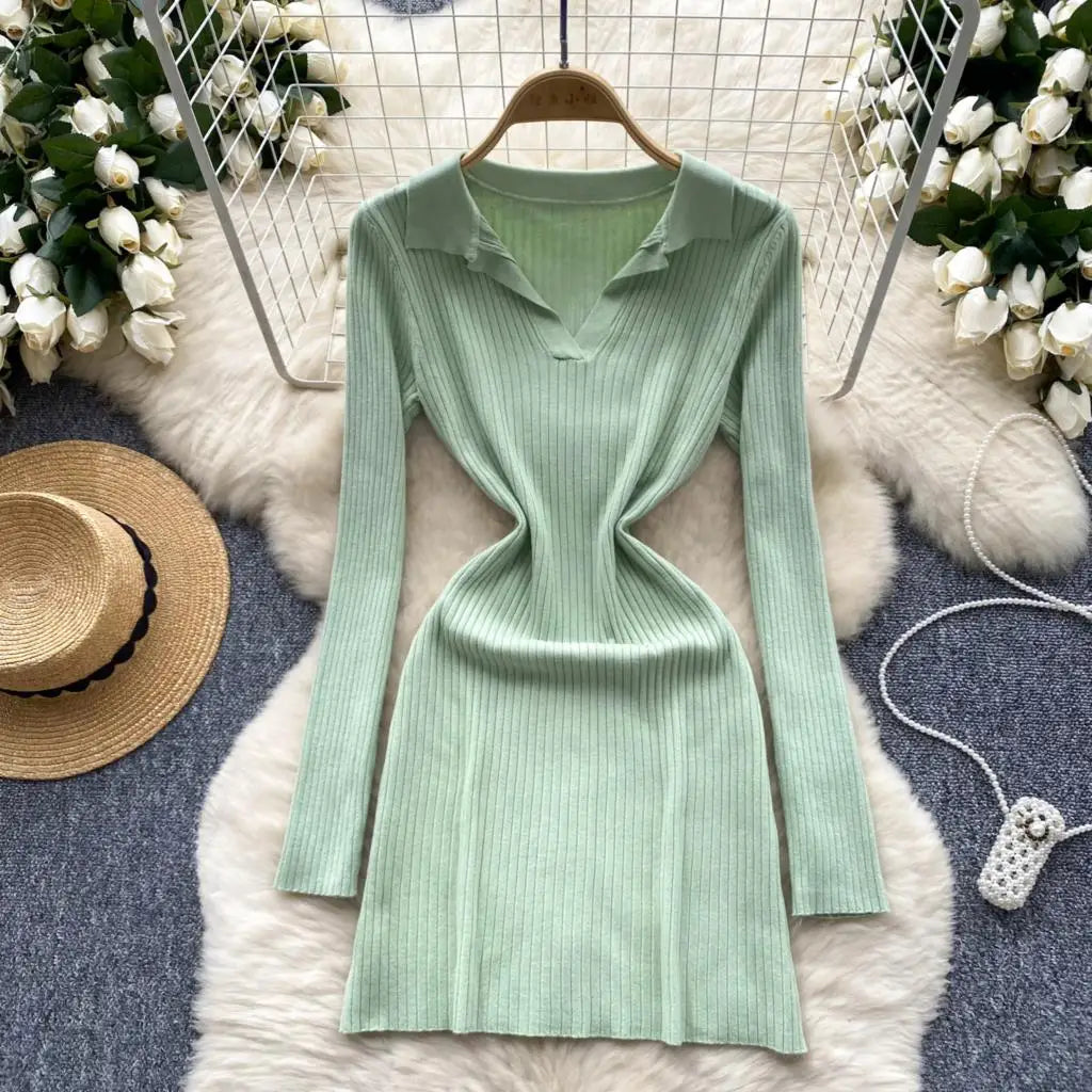 Y2k French Vintage Knitted Dress for Women Autumn Bodycon V-neck Long Sleeved Solid Simplicity Fashion Causal A-line Dresses