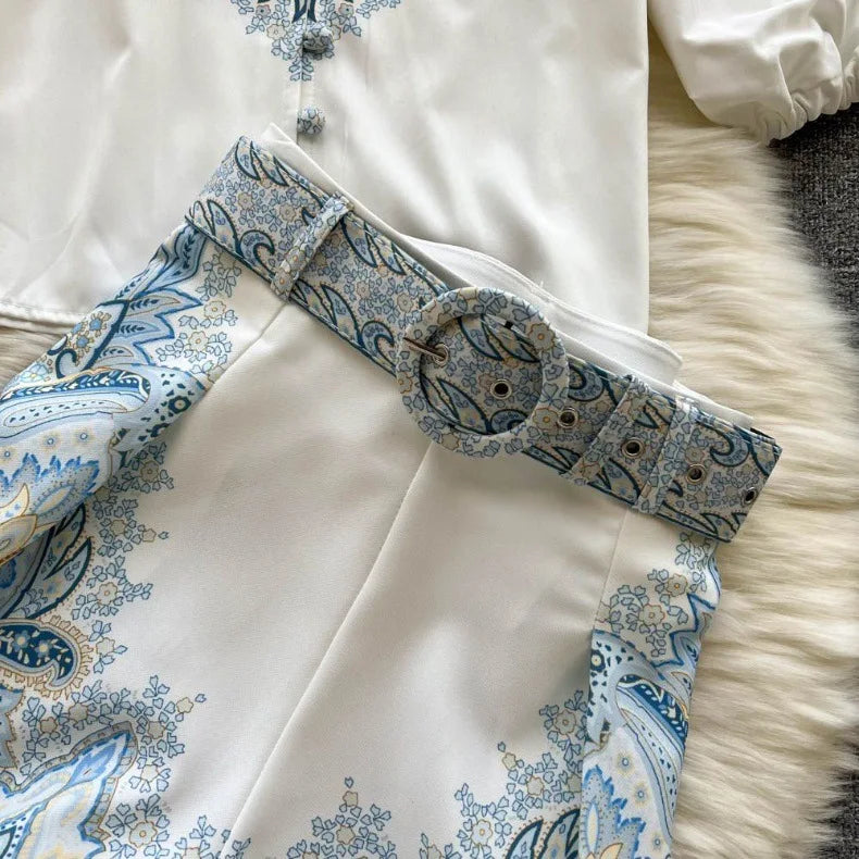 Spring Summer Retro Print Two Piece Set Women Lantern Sleeves Standing Neck Blouse Top+High Waist Wide Leg Shorts Elegant Suits