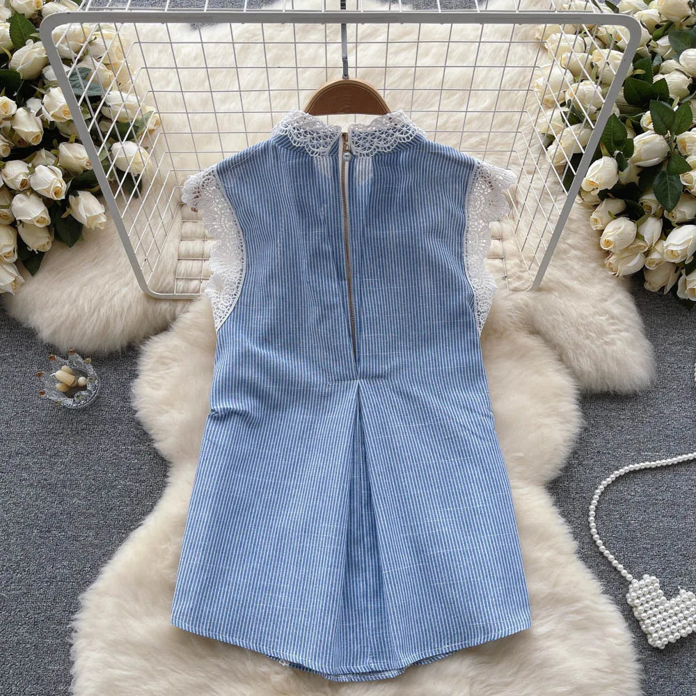 French Elegant Little Flying Sleeve Shirt Top Women's Summer Casual Loose Lace Hook Flower Retro Blue Striped Blouse Tops