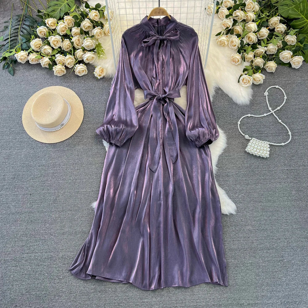 Autumn Elegant Women Fashion Party Long Dress Bow Lace Up Long Sleeve Evening Dresses A-Line Casual Vestidos One Piece Prom Robe