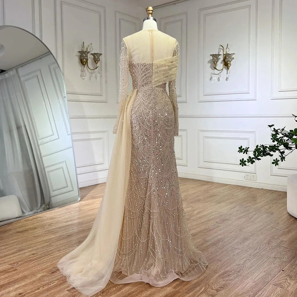 SERENE HILL 2024 Dubai Arabic Nude Mermaid Luxury Beaded Evening Dresses Gowns With Overskirt For Women Wedding Party GLA72254A