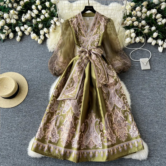 Vintage Elegant sweet puff sleeve Bandage Dress A-line Chic Casual Beach Vacation Women Summer dresses