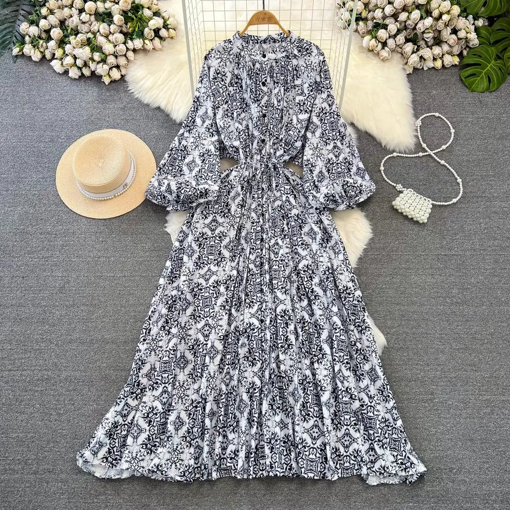 Elegant Women Casual Floral Print Party Dress Vintage Lantern Sleeve A-Line Pleated Prom Birthday Clothes Female Fashion Robe