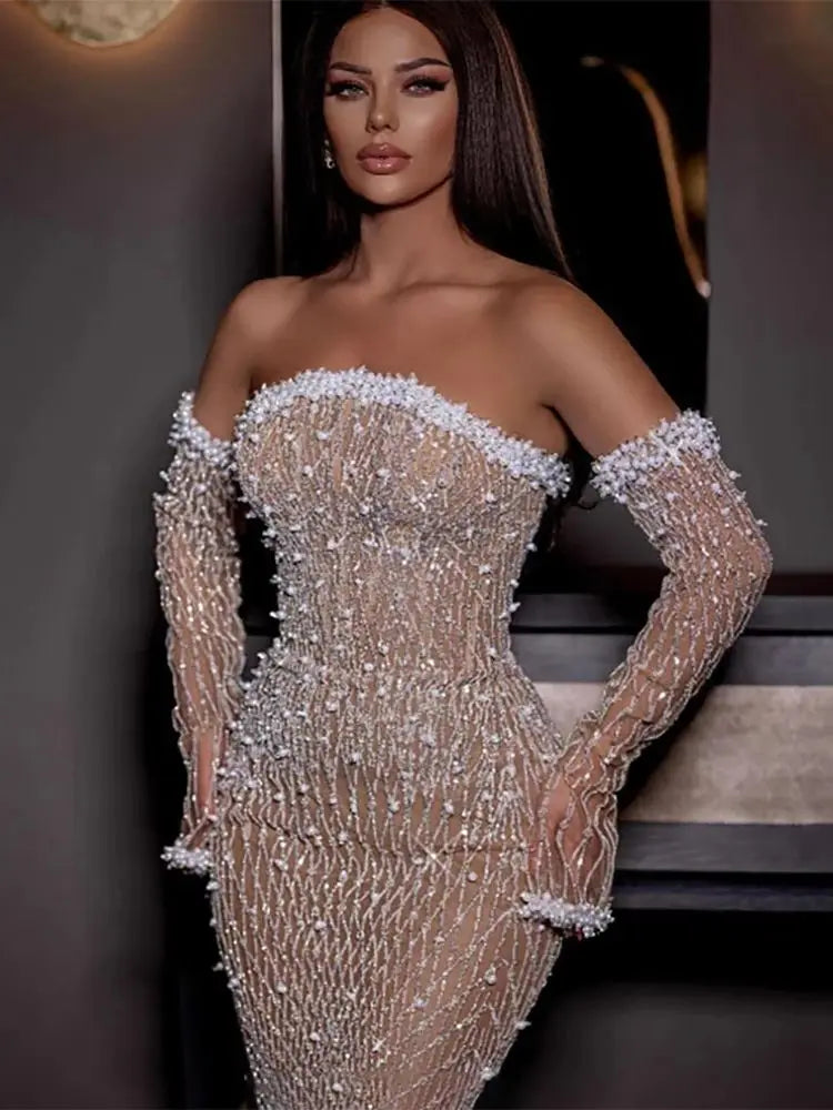Serene Hill 2024 Elegant White Nude Arabic Strapless Evening Gown Beaded Dress with Gloves for Formal Occasion LA72649