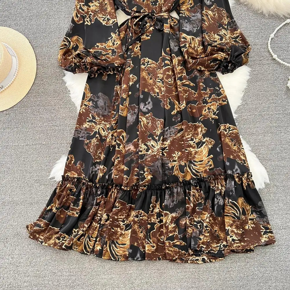 Elegant Casual A-Line Vintage Ruffle Print Long Dress Autumn Lantern Sleeve Party Boho Dresses Beach Holiday Female Vestidos