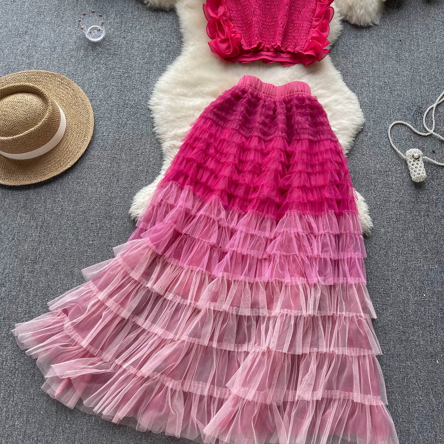 New Women Two Piece Set Summer Three-dimensional Flower Mesh Vest Tank Tops+mesh Long Skirts Fashion Korean Outfits