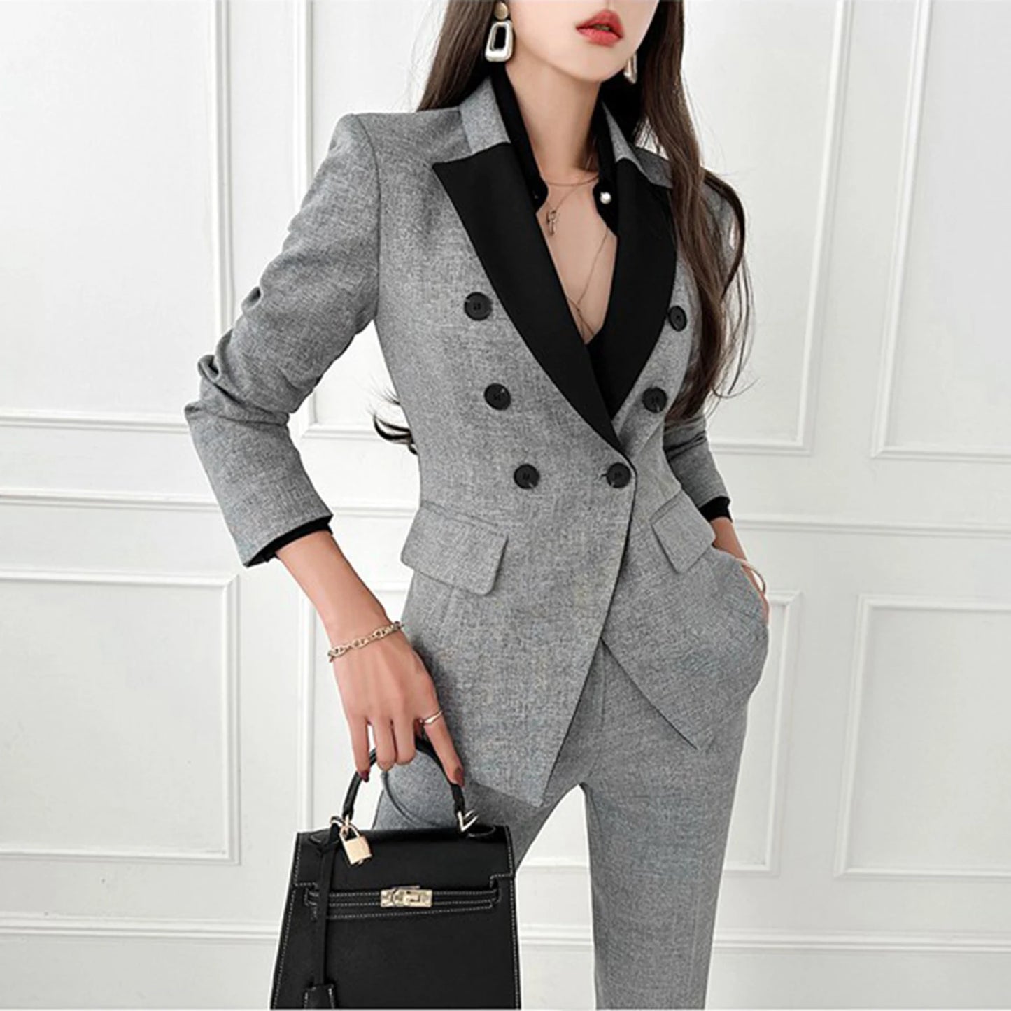 Trendy Slim Fit Commuting Two Pieces Set Office Women's Formal Outfit Double Breasted Work Blazer+Suit Pants Spring Autumn New