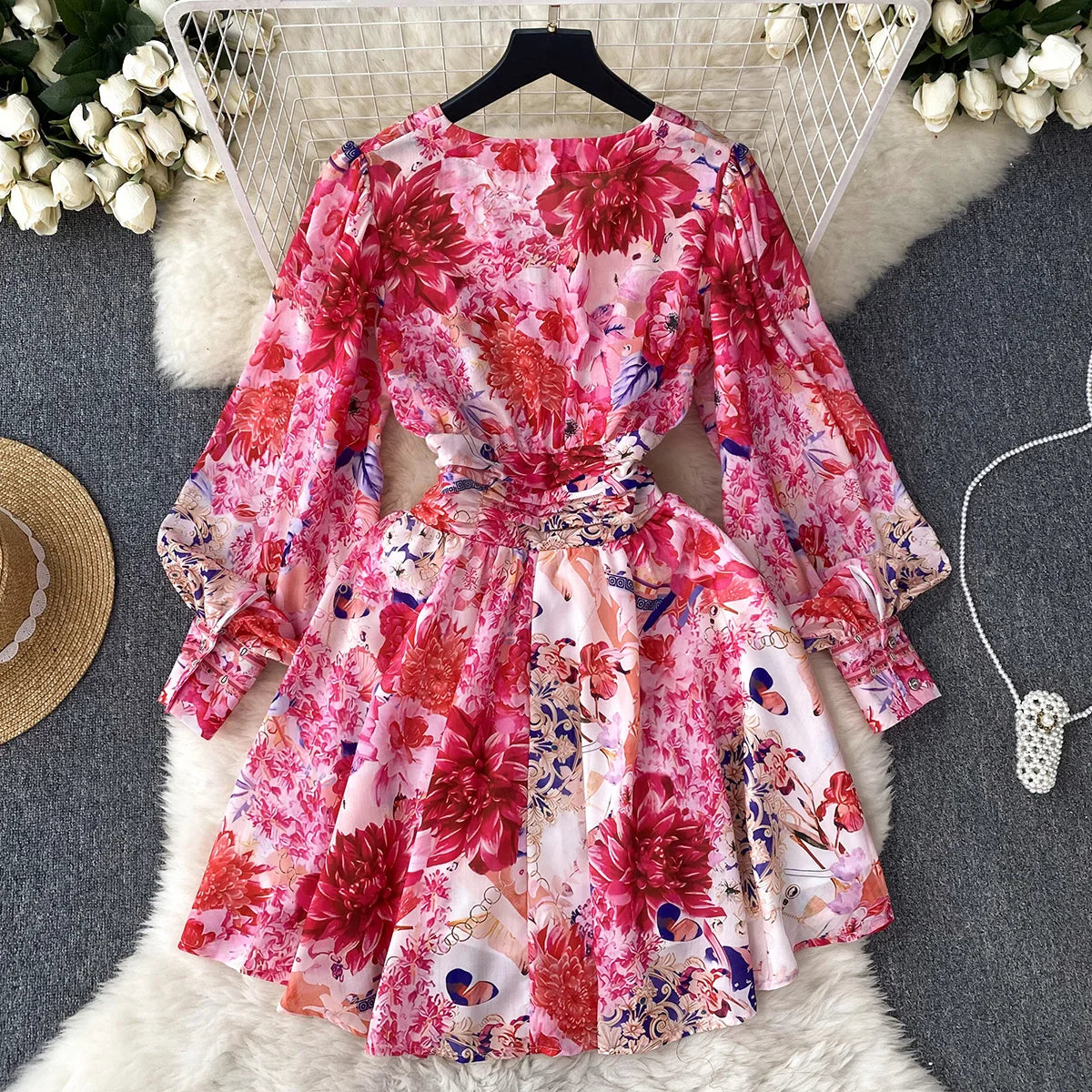 Short Dresses 2023 Fashion Women Clothing Party Elegant Vintage Floral Print Dress Womens V Neck Long Sleeve Mini Vacation Dress