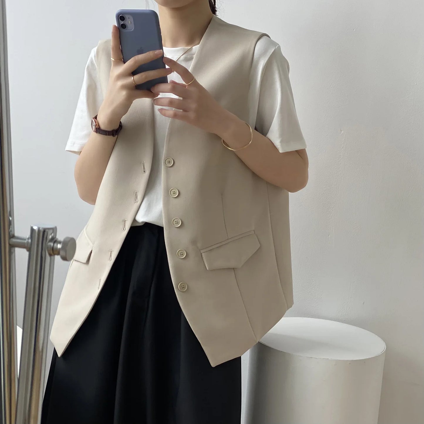 Women V-neck Suit Vest Spring Autumn New Korean Version Fashionable Sleeveless Jacket Trendy Casual Single Breasted Waistcoat