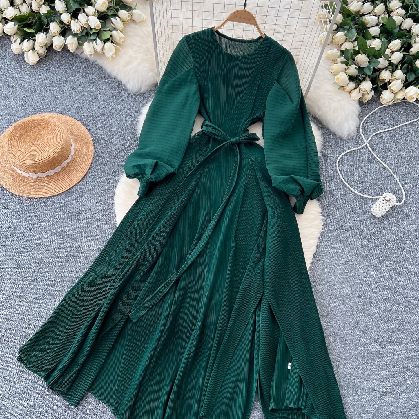 Vintage  Elegant Lantern Sleeve Sweet Pleated Dress Women Basics Fashion Summer Spring Dresse