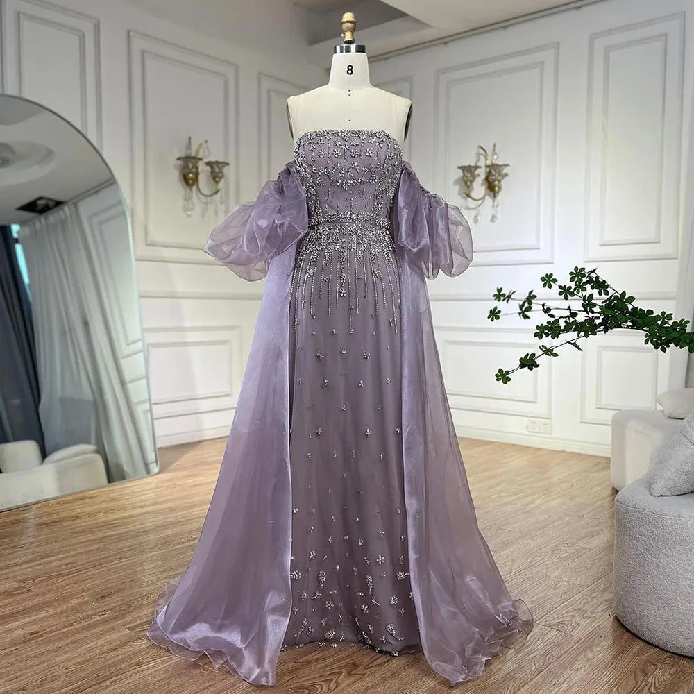 Serene Hill Black Sexy Off the Shoulder Puff Sleeves Evening Dresses Beaded Overskirt Mermaid Party Gown For Women 2023 BLA72002