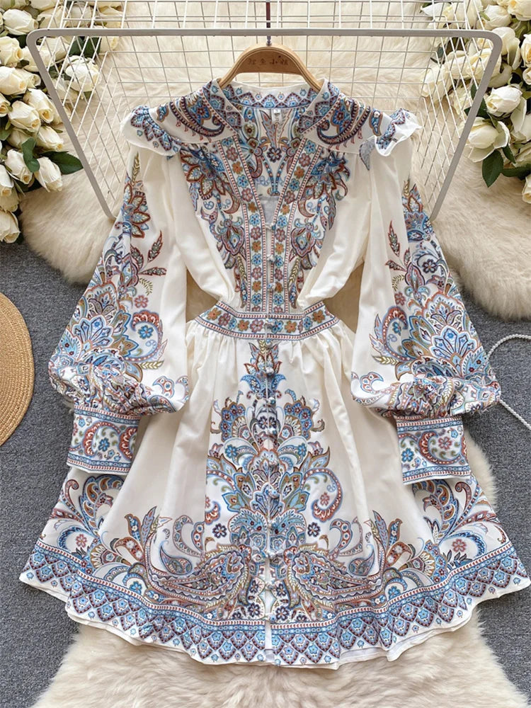 Elegant Dresses For Women 2024 V Neck Vintage Paisley Print Mini Holiday Dress Spring Ruffle Trim Long Sleeve Bohemian Dress