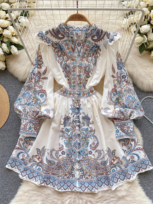 Elegant Dresses For Women 2024 V Neck Vintage Paisley Print Mini Holiday Dress Spring Ruffle Trim Long Sleeve Bohemian Dress