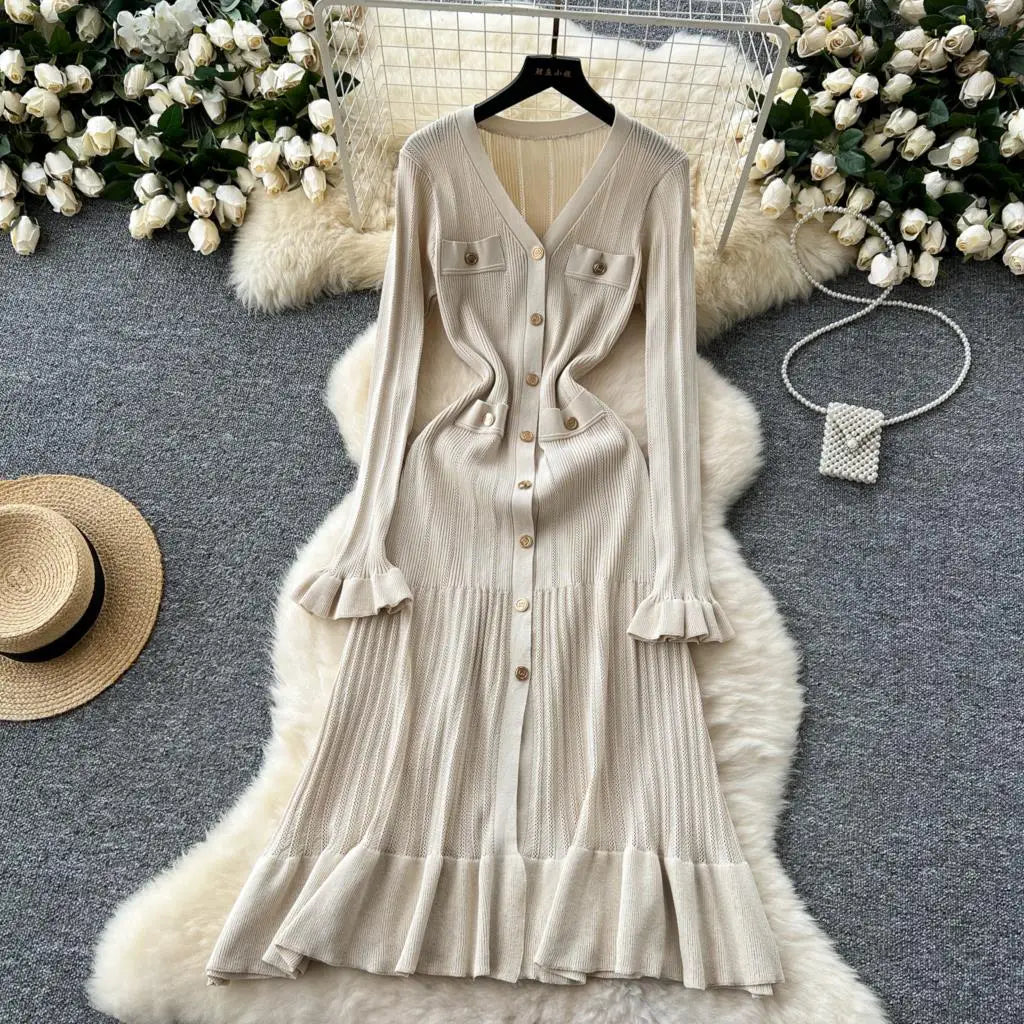 Elegant Women Solid Knitted Dresses Autumn V-Neck Single Breasted Chic Flared Sleeve Ruffles Hem Casual Female Slim Office Robes