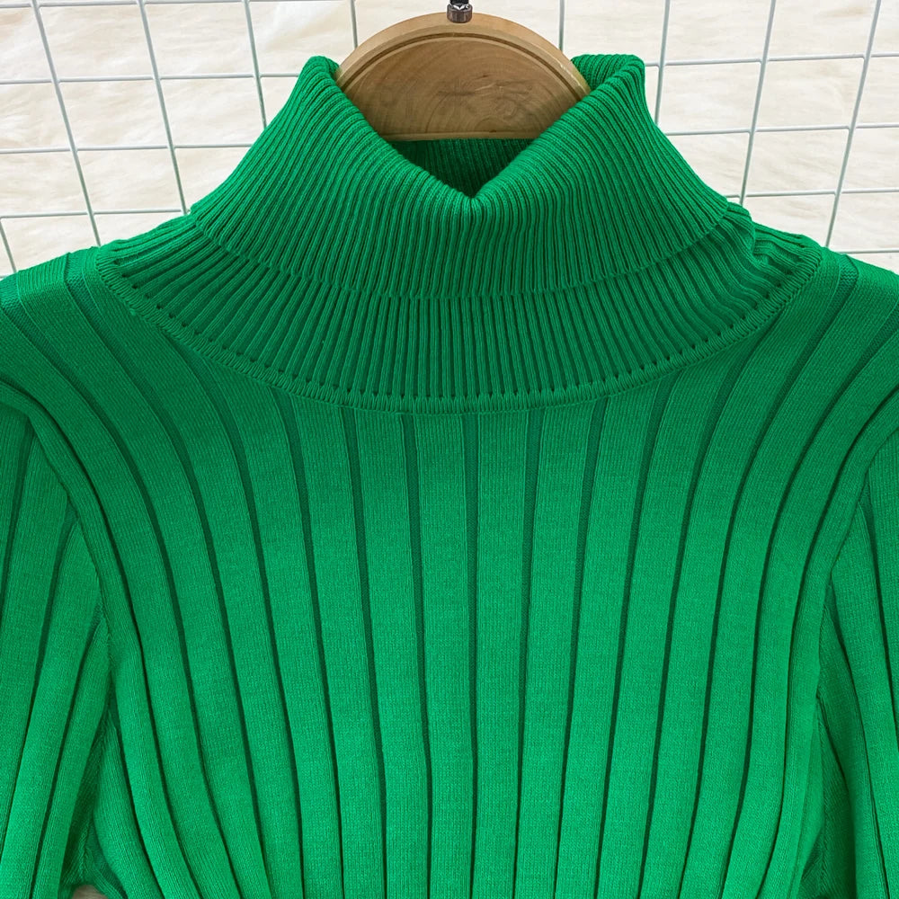 Chic Elegant Turtleneck Long Sleeve Bodycon Dress with Belt Sexy Fashion Knit Vestido Slim Autumn Winter Pencil Sweater Robe