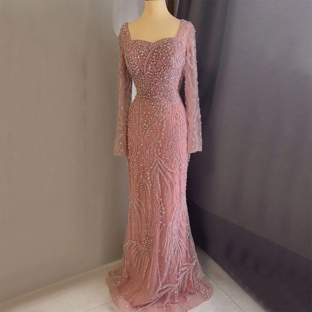 Serene Hill Arabic Pink Elegant Mermaid Overskirt Luxury Beaded Long Evening Dresses Gowns For Formal Occasion 2024 LA72441
